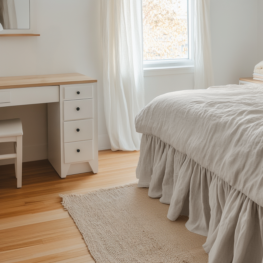 Natural Linen Bed Skirt Valance with Gathered Ruffles 