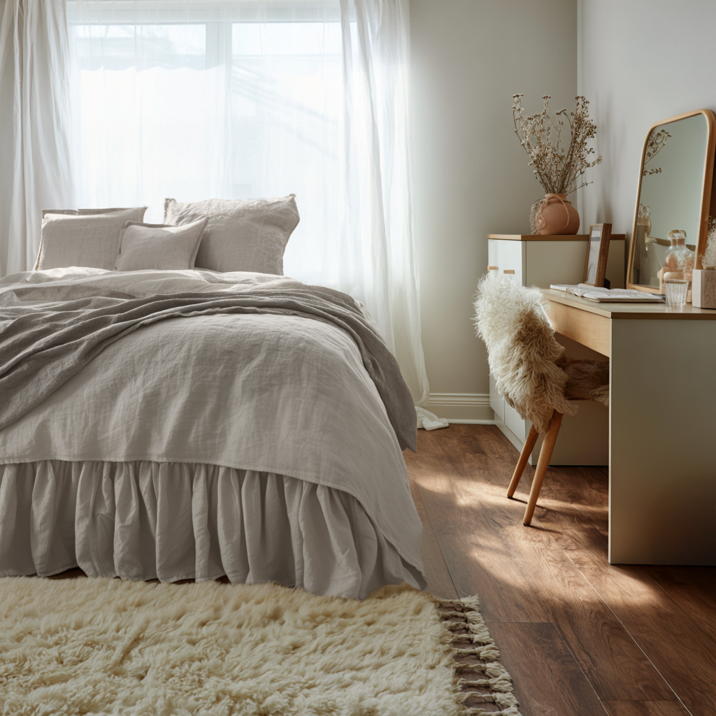 Natural Linen Bed Skirt Valance with Gathered Ruffles 