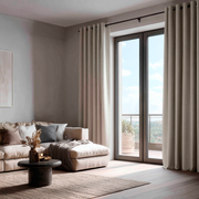 Natural Linen Eyelet Curtains for Sliding Doors in a Living Room with Light Grey Walls - Blackout Lining