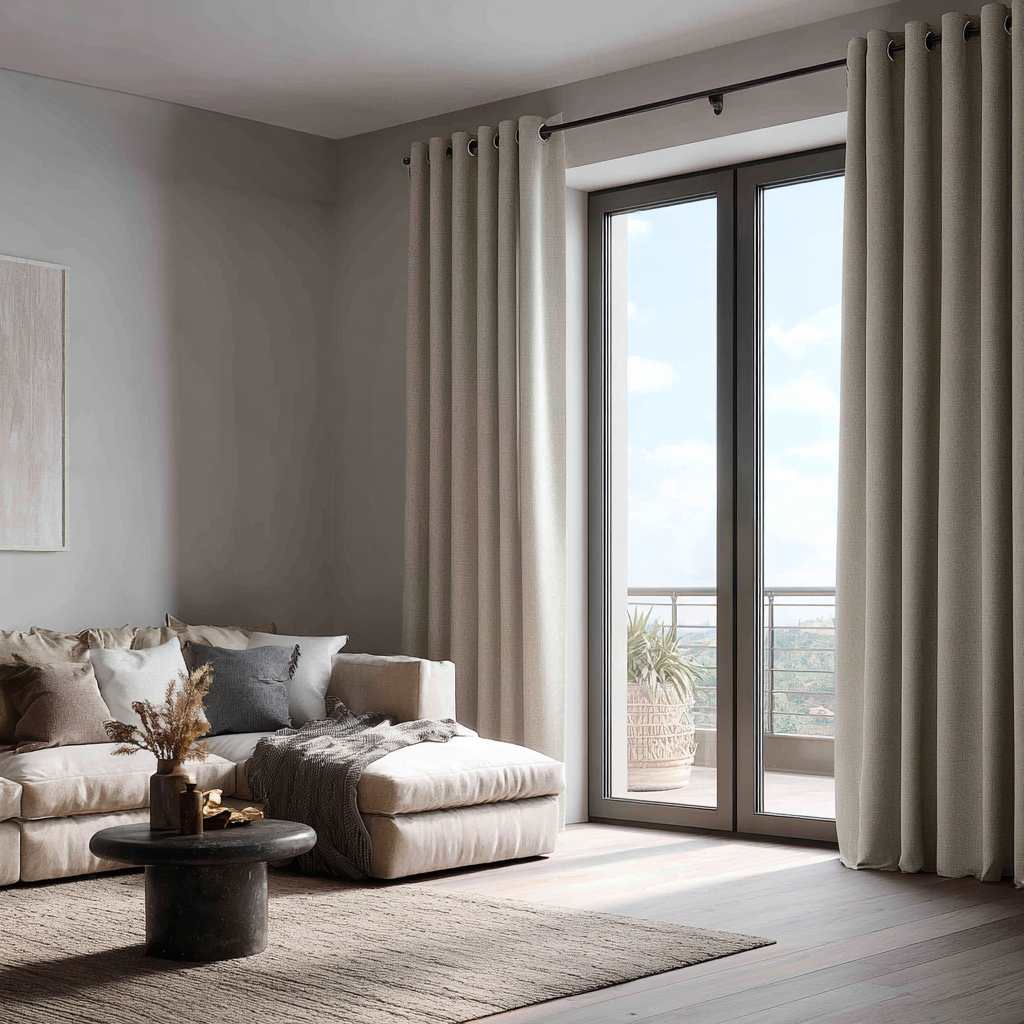 Natural Linen Eyelet Curtains for Sliding Doors in a Living Room with Light Grey Walls - Blackout Lining