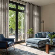 Natural Linen Eyelet Curtains for Large Sliding Doors in a Living Room with Sand Walls