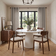Natural Linen Eyelets Curtains in a Dining Room with Light Beige Walls, a Round White Table and Mid-Century Wood Chairs - Cotton Lining