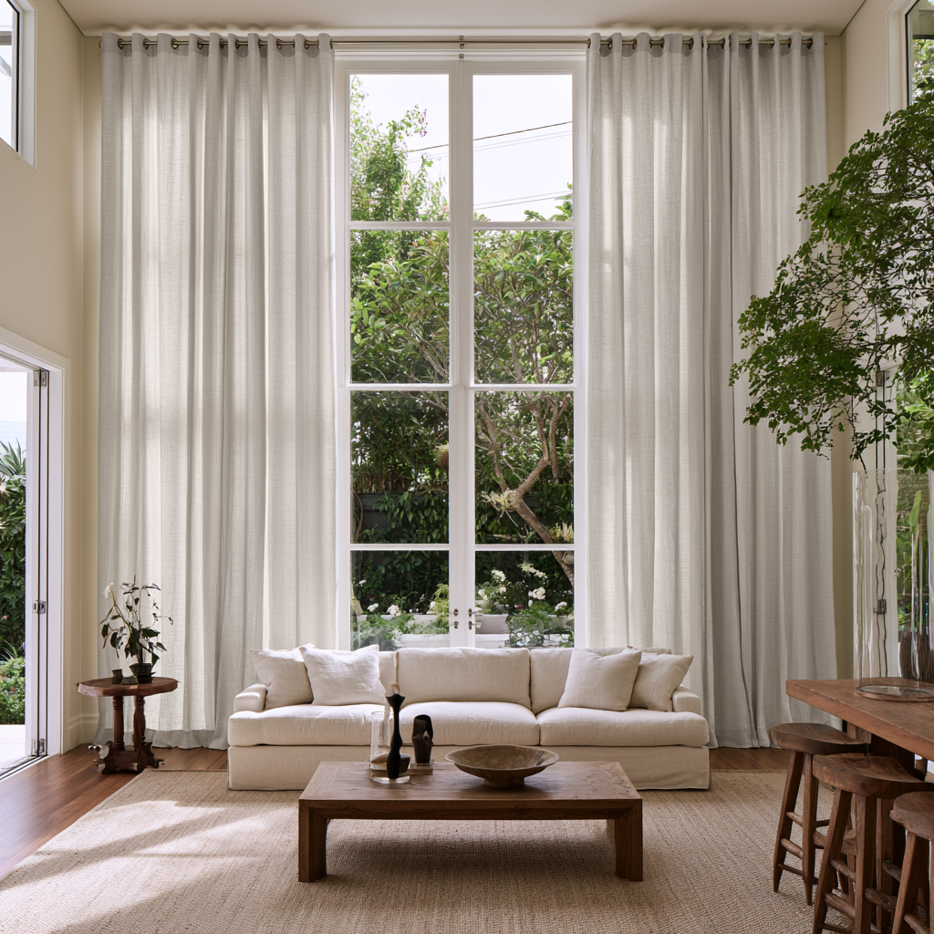 Natural Linen Eyelets Extra Long Curtains in a Modern Organic Living Room with Tall Windows and Natural Wood Furniture