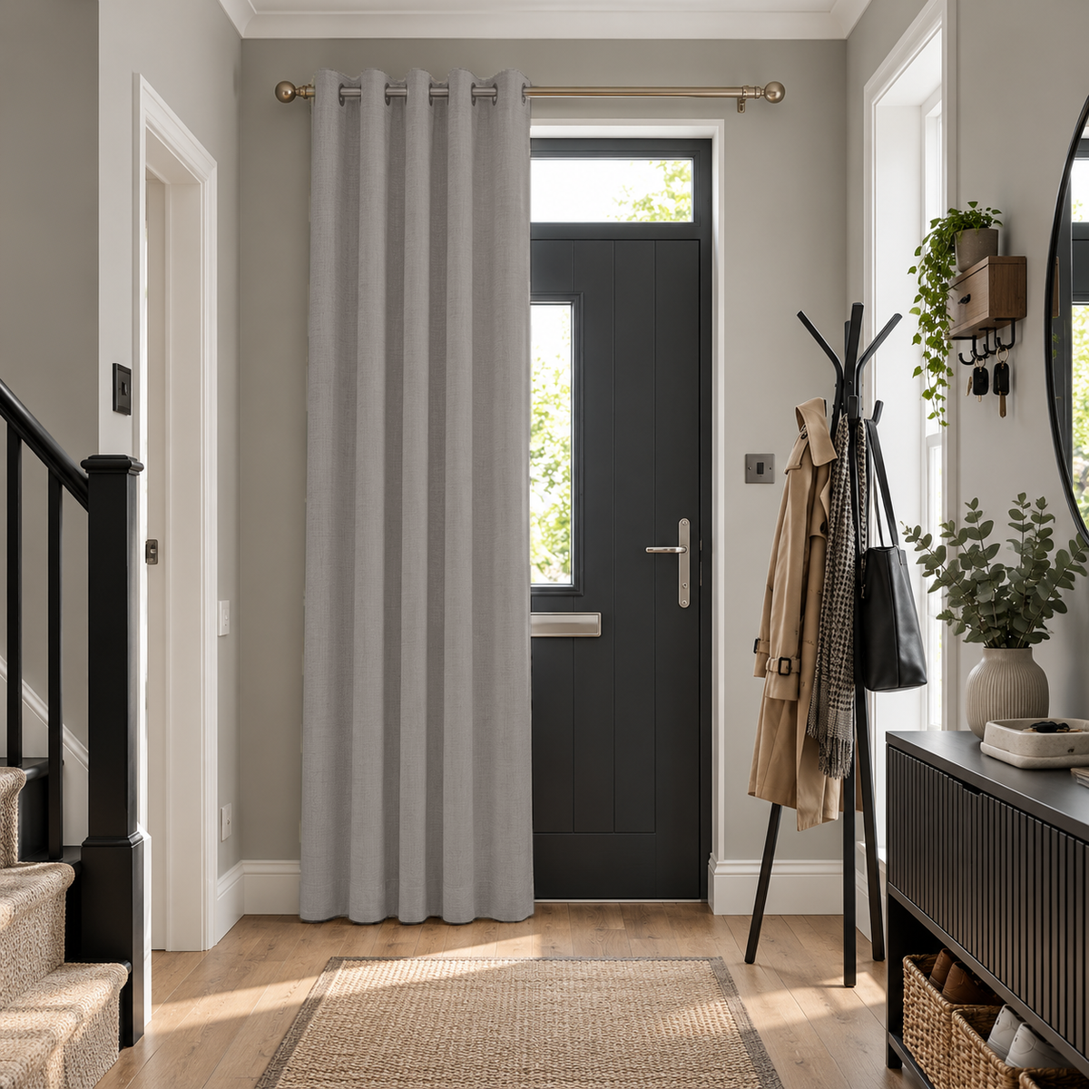 Natural Thermal Door Curtains in a Hallway with Soft Grey Walls and a Dark Blue Front Door