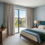 Natural Linen Pencil Pleat Curtains for Sliding Doors in a Bedroom with Light Blue Walls - Cotton Lining