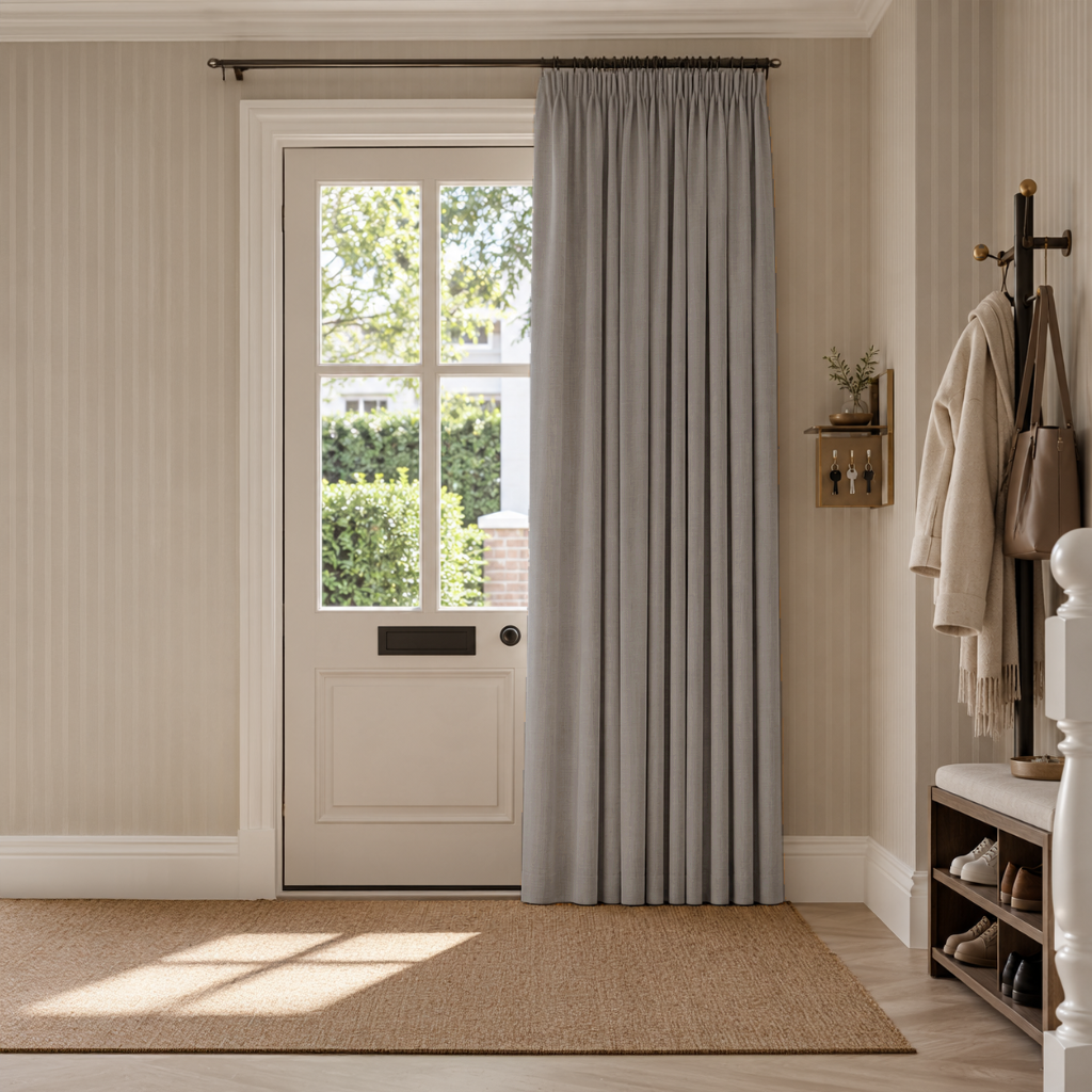 Natural Thermal Door Curtains in a Hallway with Cream Vertical Striped Wallpaper and a Wooden Bench Seat