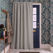 Natural Thermal Door Curtains in a Hallway with Teal Damask Wallpaper and a Blue Panel Door
