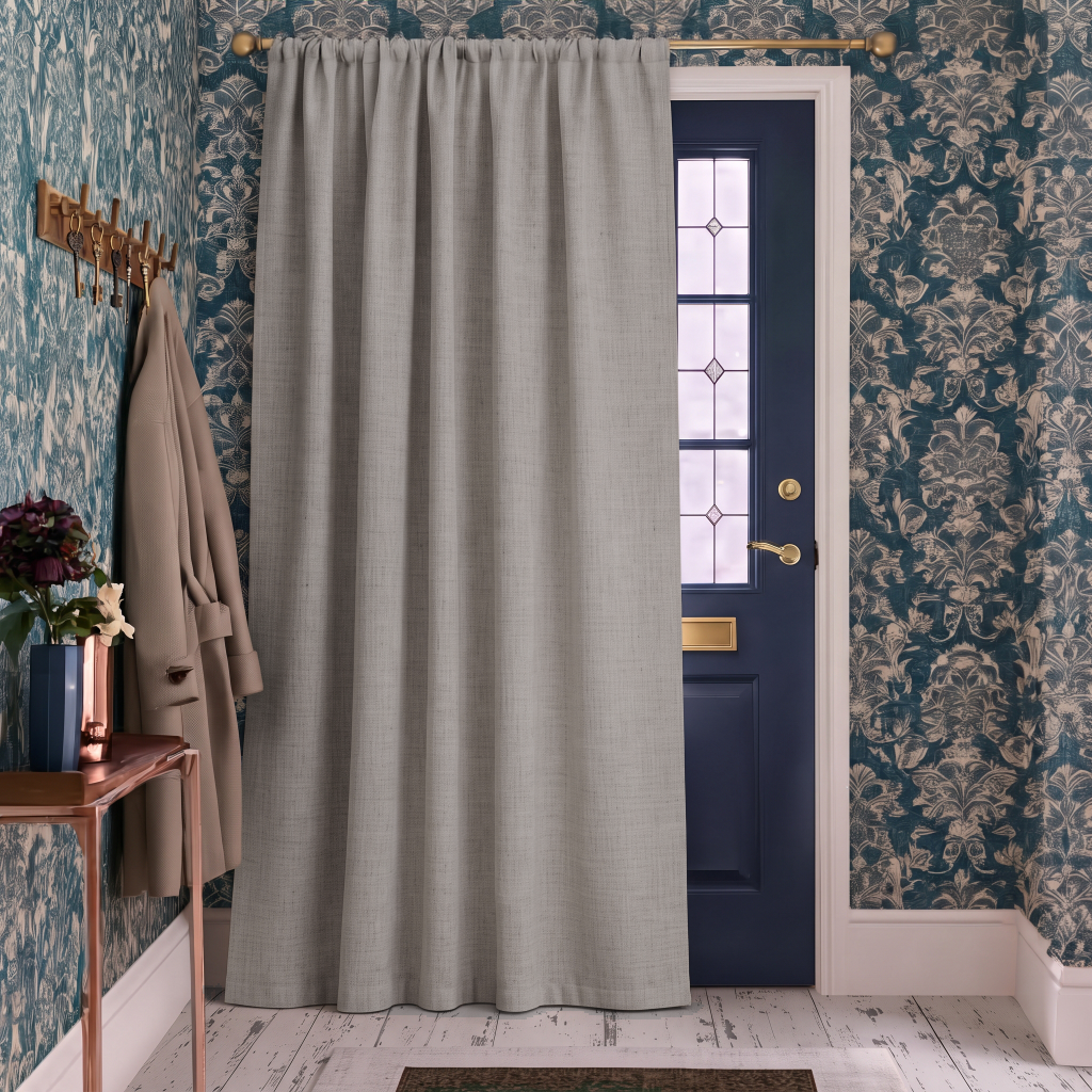 Natural Thermal Door Curtains in a Hallway with Teal Damask Wallpaper and a Blue Panel Door