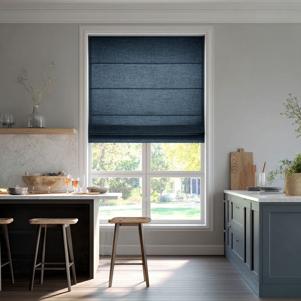 Peacock Blue Linen Roman Blinds - Cotton Lining