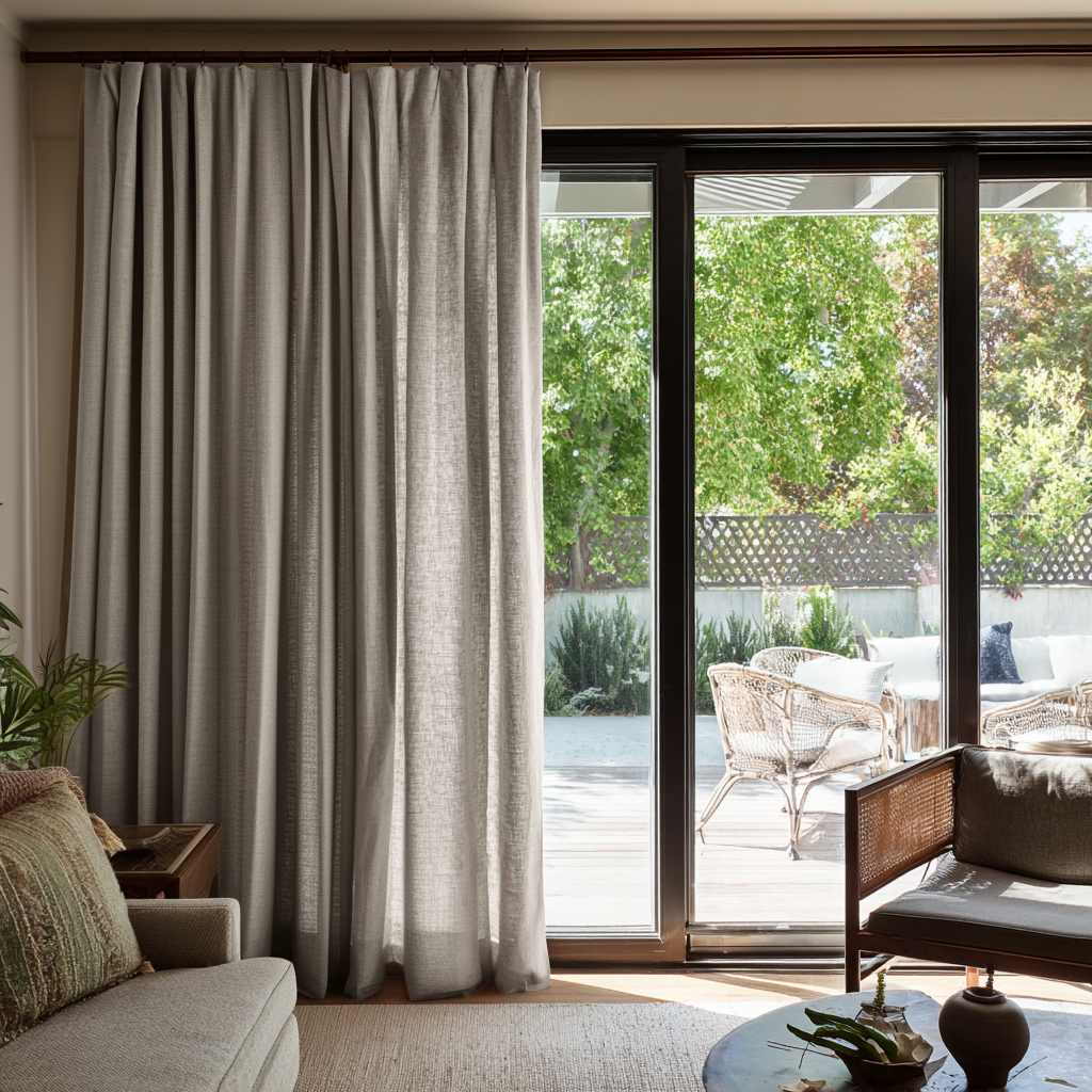 Natural Linen S-Fold Curtains for Sliding Doors in a Living Room with Warm Beige Walls - Cotton Lining