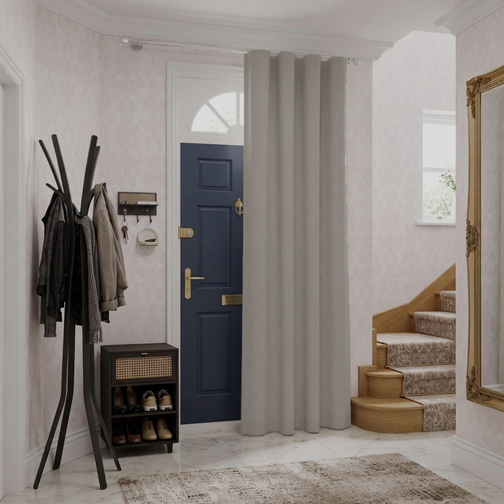 Natural Thermal Door Curtains in a Hallway with Pale Pink Wallpaper and a Wooden Staircase