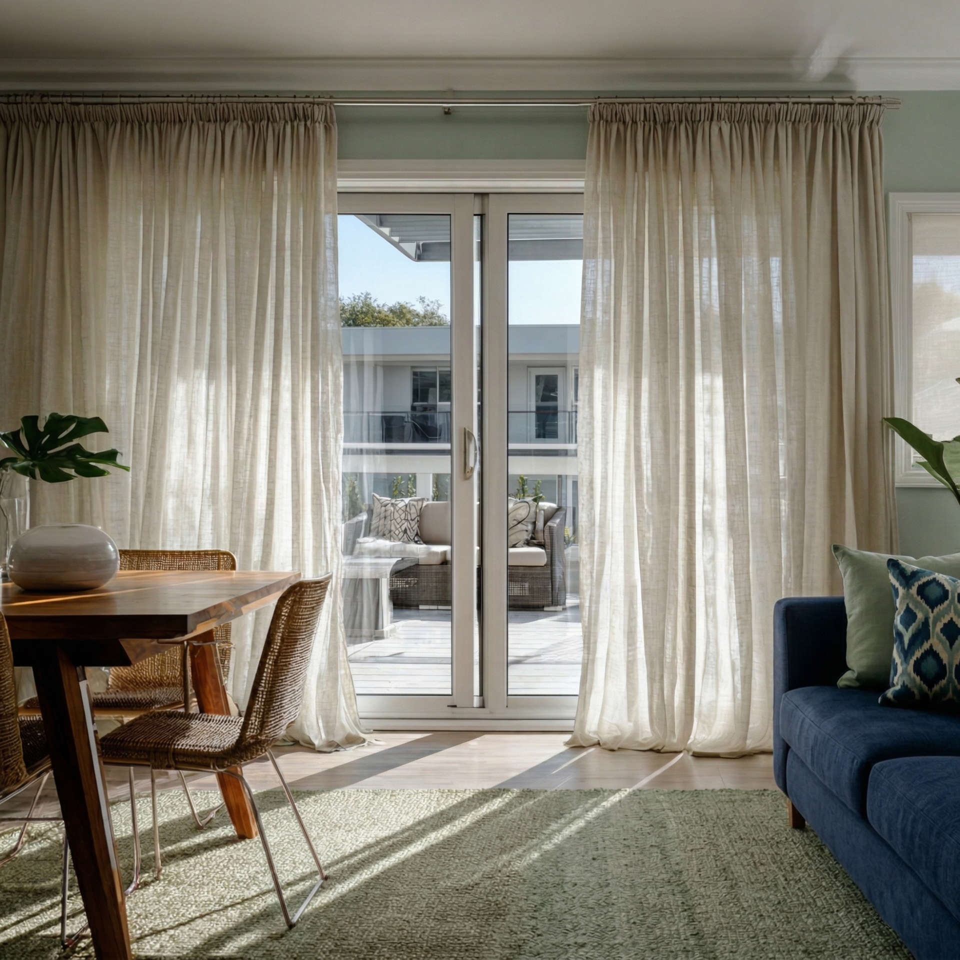 Natural Voile Linen Pencil Pleat Curtains for Sliding Doors in a Living Room with Sage Green Walls