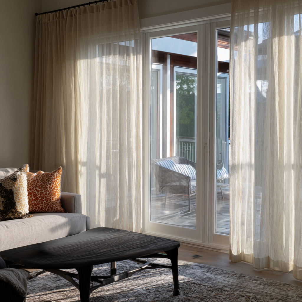 Natural Voile Linen S-Fold Curtains for Sliding Doors in a Living Room with Beige Walls