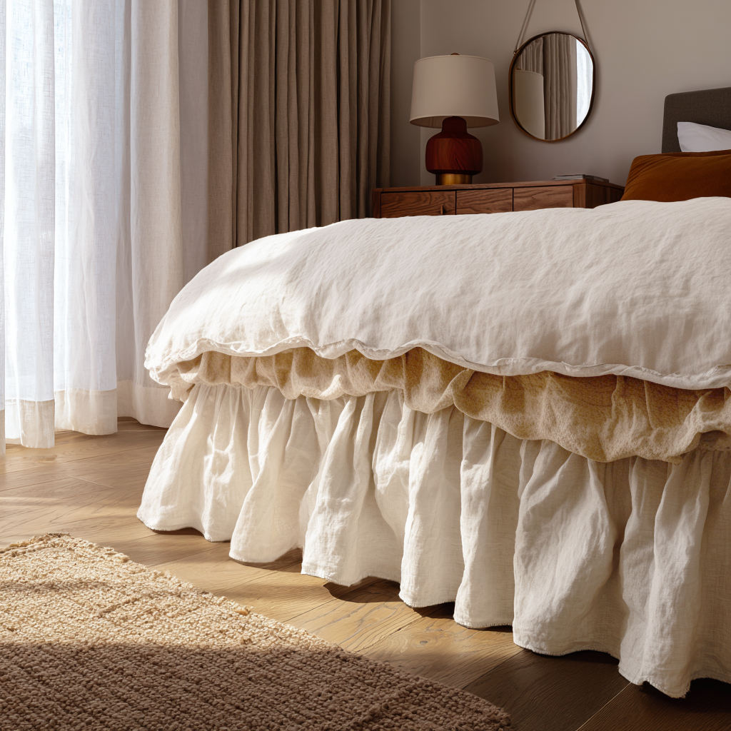 Off-White Heavy Weight Linen Bed Skirt Valance with Gathered Ruffles