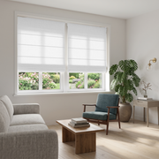 Heavy Off-White Roman Blinds in a Contemporary Living Room with Off-White Walls