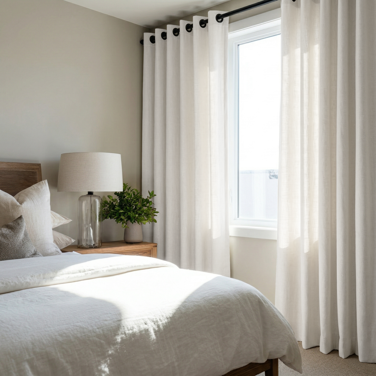 Off-White Heavy Weight Linen Eyelet Curtains in a Light Neutral Bedroom With White Bedding and Soft Grey Accents