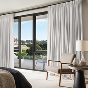 Off-White Heavy Weight Linen Pencil Pleat Curtains in a Modern Minimal Bedroom with Clean Lines - Blackout Lining