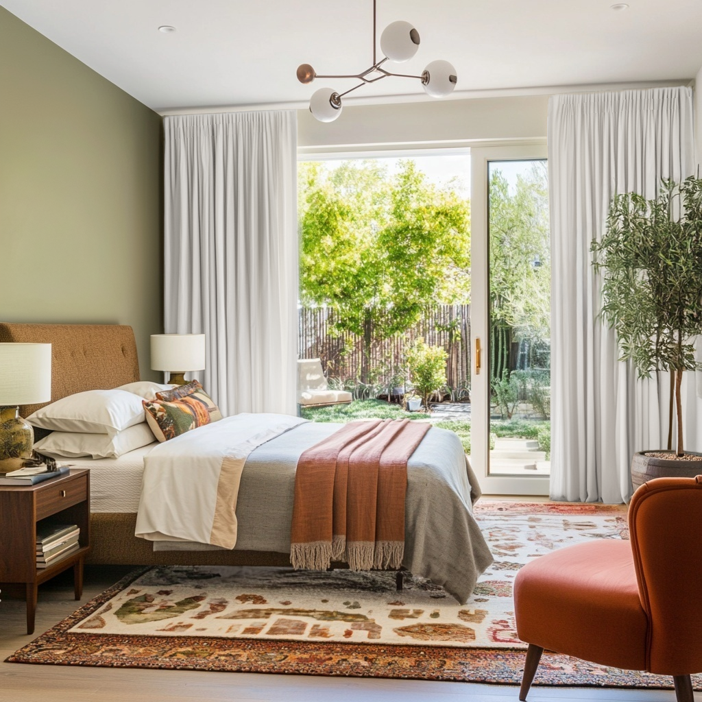 Off-White Heavy Weight Linen Pencil Pleat Curtains for Sliding Doors in a Bedroom with Sage Green Walls