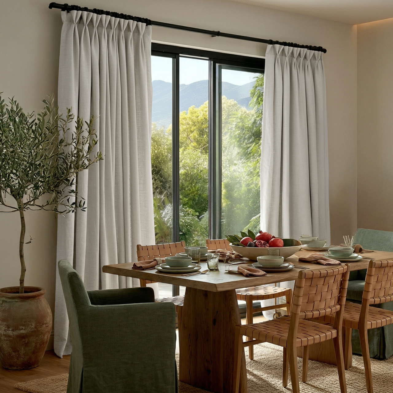 Off-White Heavy Weight Linen Pinch Pleat Curtains for Bifold Doors in a Dining Room with Beige Walls