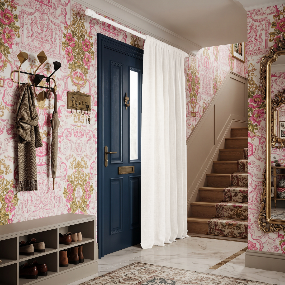 Off-White Heavy Weight Thermal Door Curtain in a Hallway with Pink Floral Wallpaper and a Blue Front Door