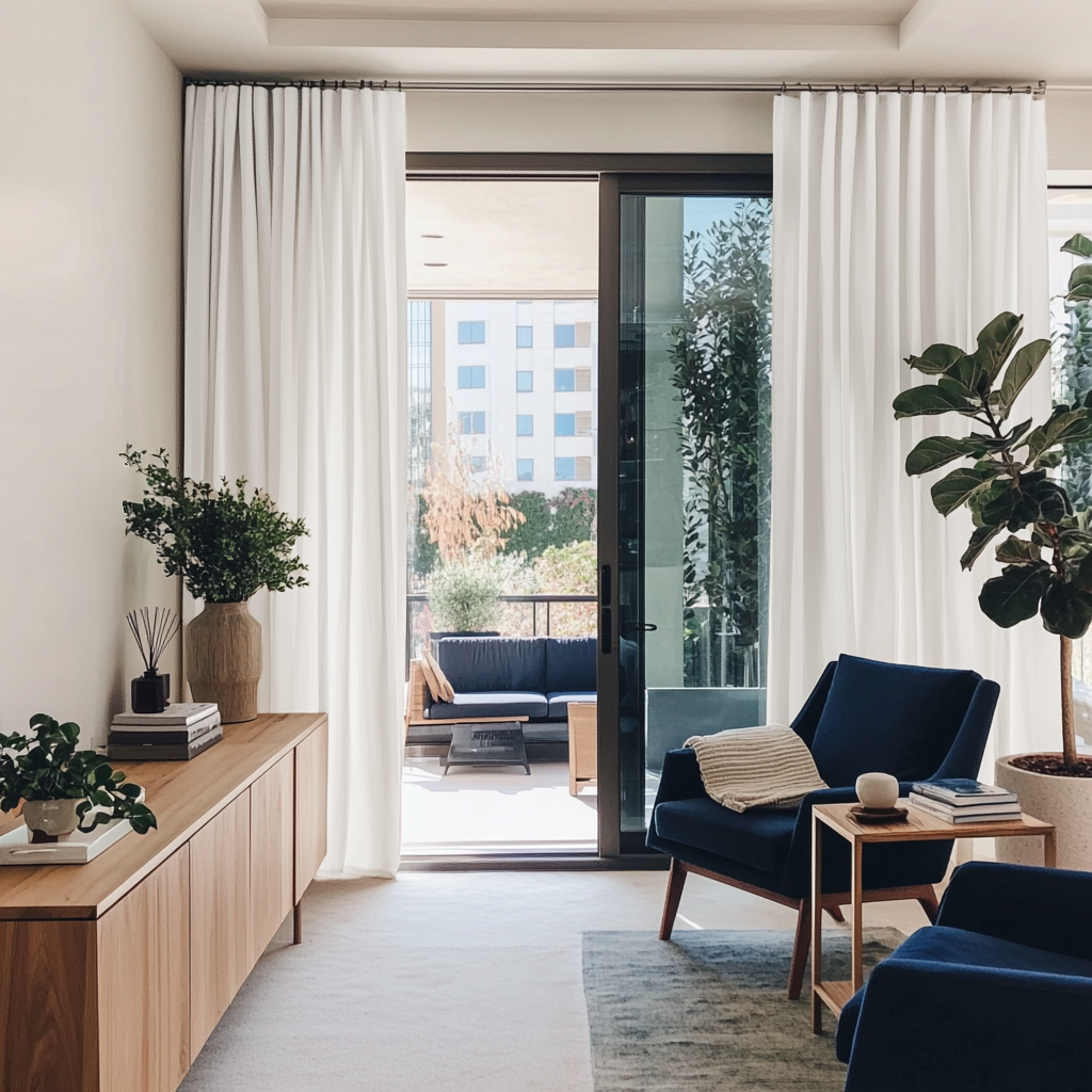 Off-White Heavy Weight Linen S-Fold Curtains for Bifold Doors in a Living Room with White Walls - Cotton Lining