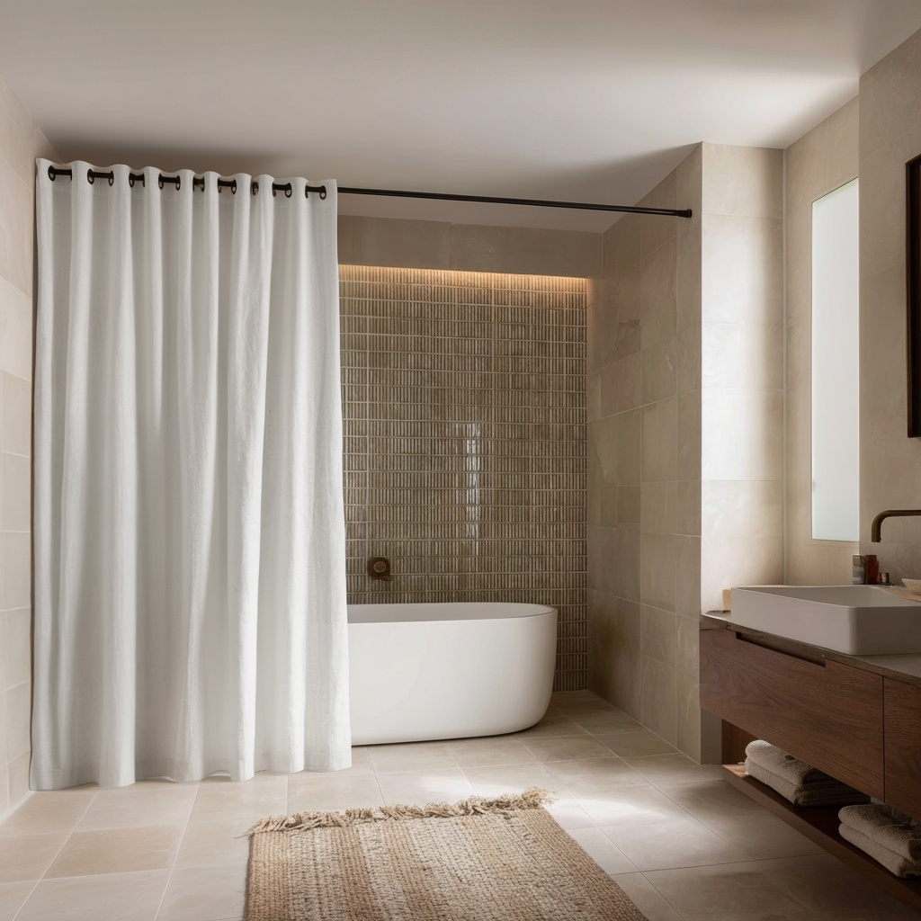 Waterproof Off-White Hookless Linen Shower Curtain