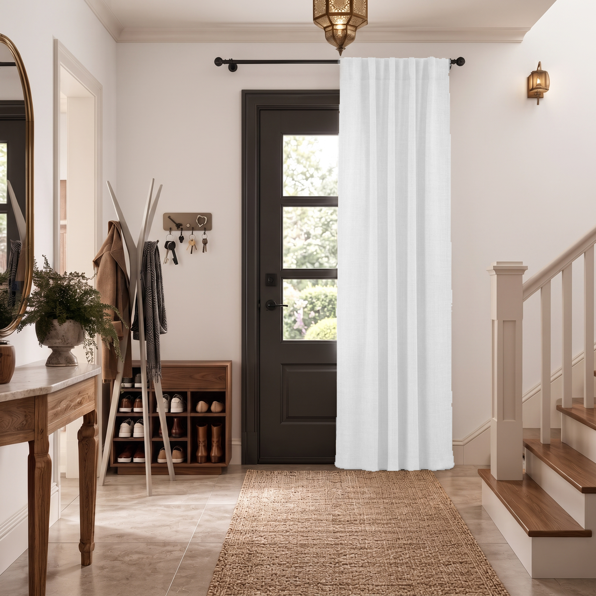 Thermal Door Curtains in a Hallway with Off-White Walls and a Black Front Door