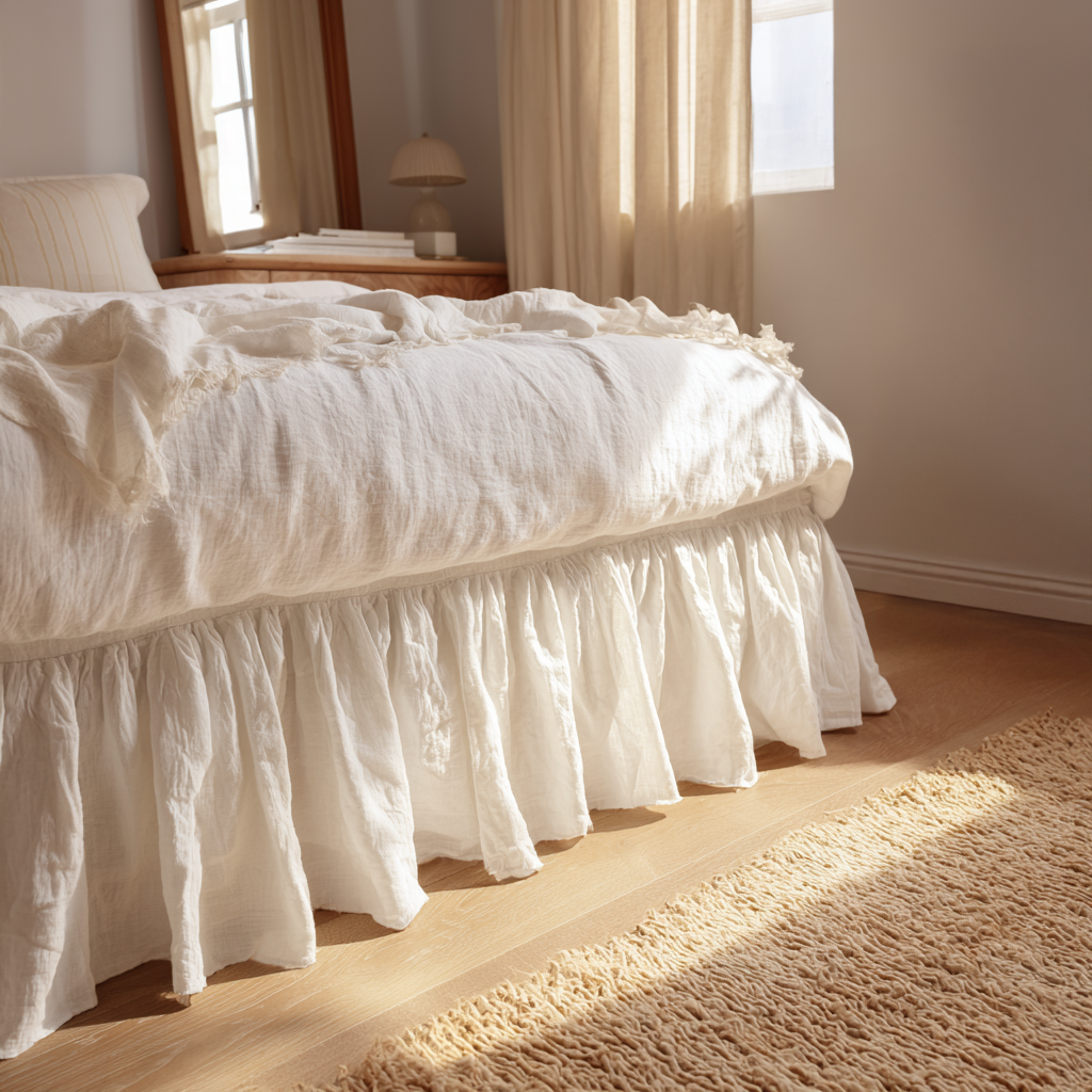 Off White Linen Bed Skirt Valance with Gathered Ruffles