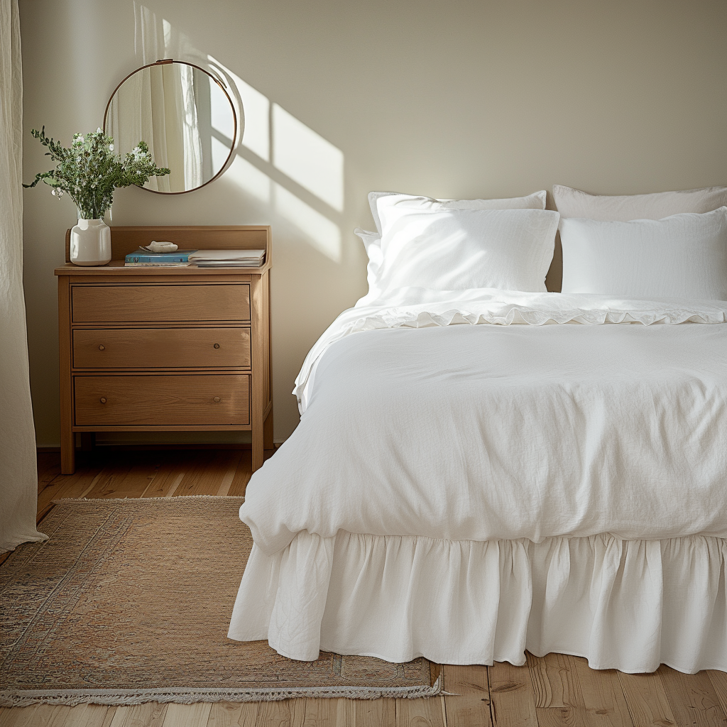 Off White Linen Bed Skirt Valance with Gathered Ruffles