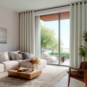 Off-White Linen Eyelet Curtains for Sliding Doors in a Living Room with Light Grey Walls - Blackout Lining