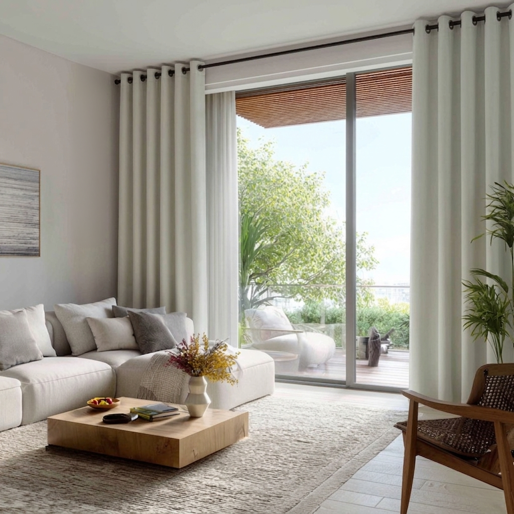 Off-White Linen Eyelet Curtains for Sliding Doors in a Living Room with Light Grey Walls - Blackout Lining