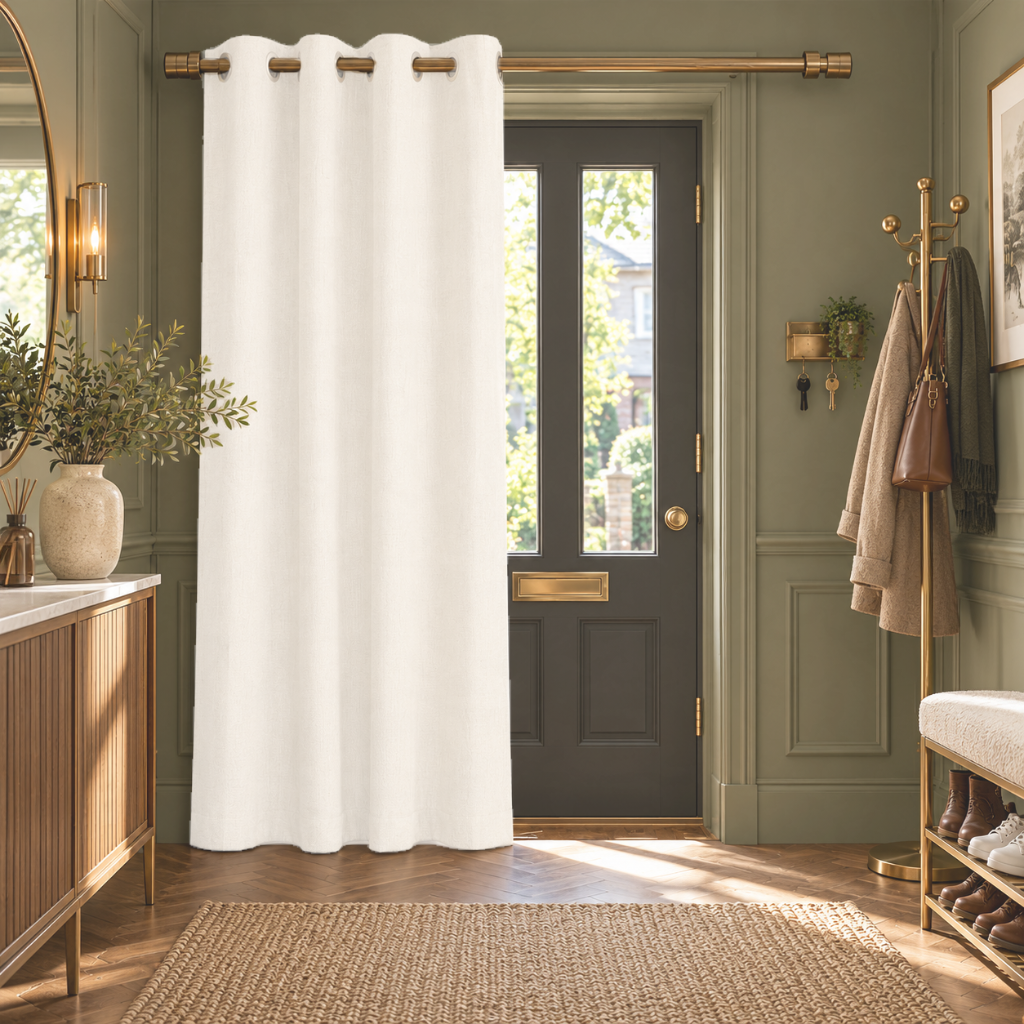 Thermal Door Curtains in a Hallway with Sage Green Walls and a Wooden Console Table