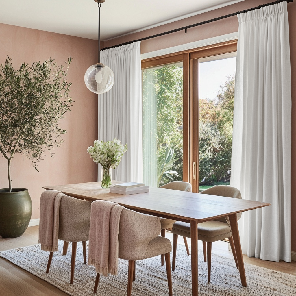 Off-White Linen Pencil Pleat Curtains for Sliding Doors in a Dining Room with Blush Pink Walls - Cotton Lining