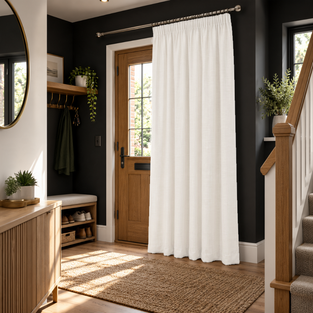 Thermal Door Curtains in a Hallway with a Dark Wood Door