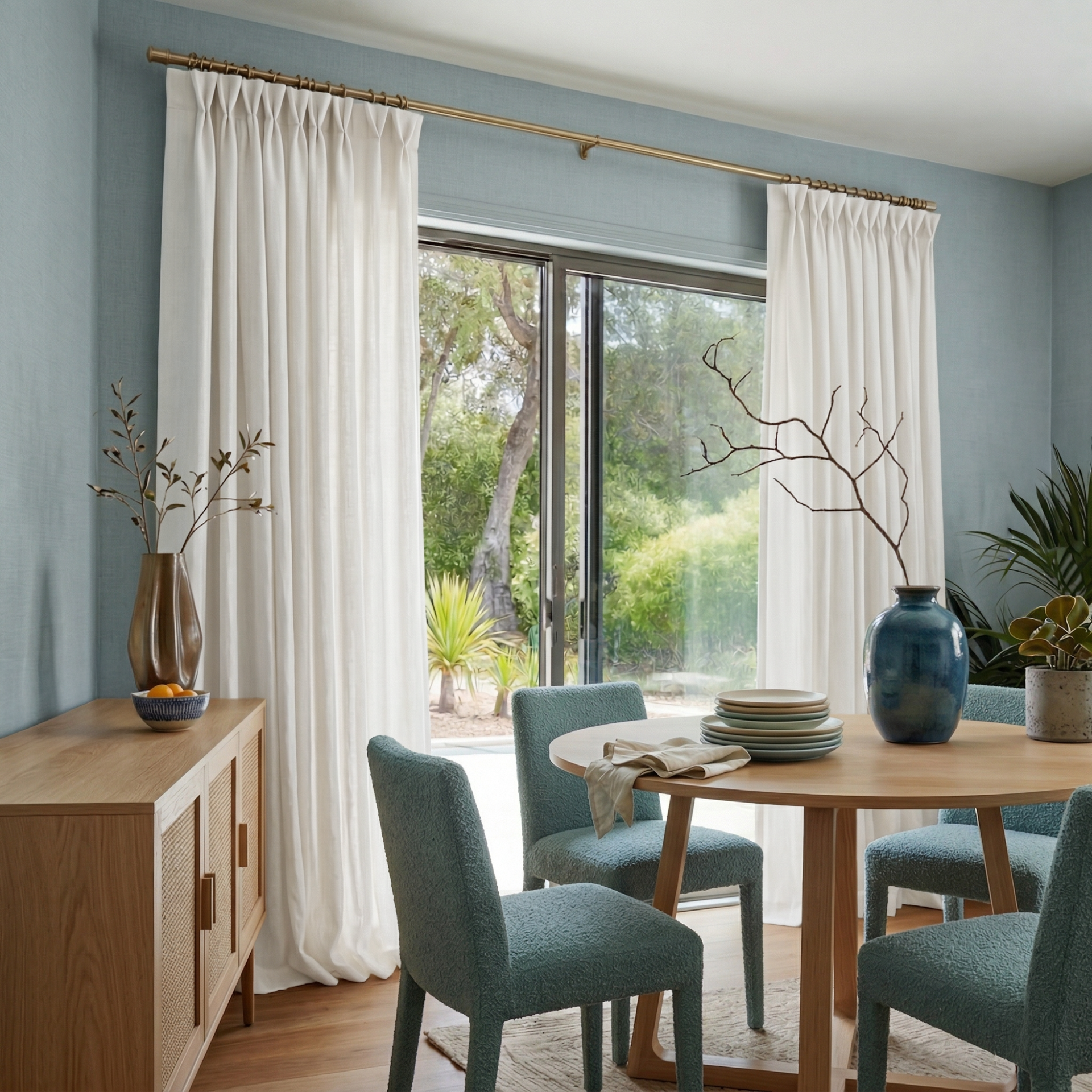 Off-White Linen Pinch Pleat Curtains for Sliding Doors in a Dining Room with Light Blue Walls - Cotton Lining