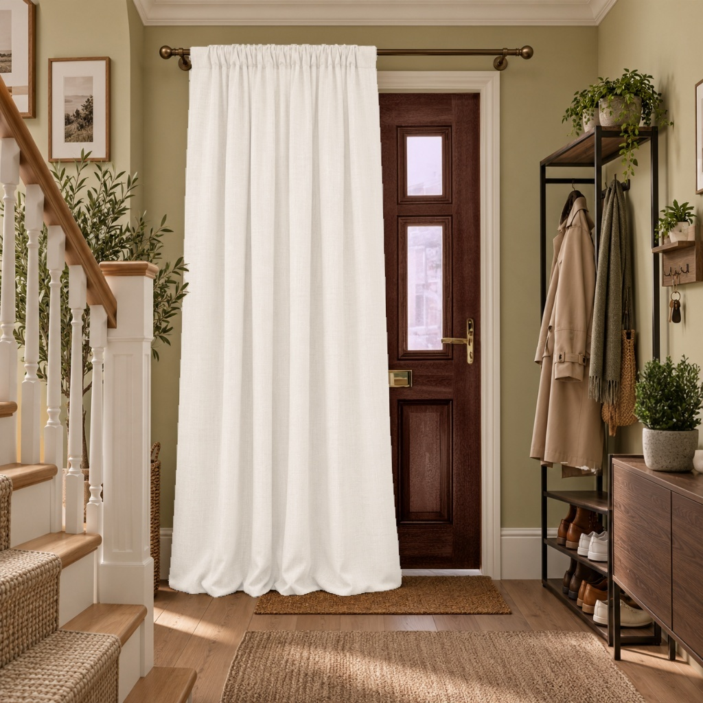 Thermal Door Curtains in a Hallway with Sage Green Walls and a Wooden Coat Stand