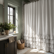 Off-White Linen Ruffle Shower Curtain in a Cozy Elegant Bathroom with Sage Green Walls