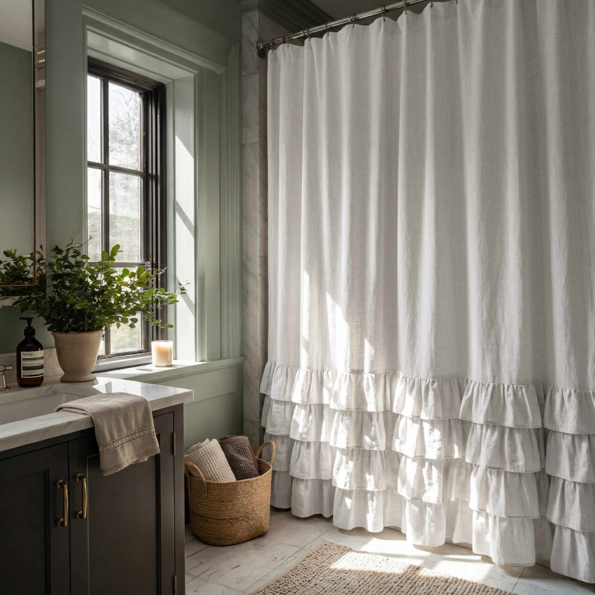 Off-White Linen Ruffle Shower Curtain in a Cozy Elegant Bathroom with Sage Green Walls