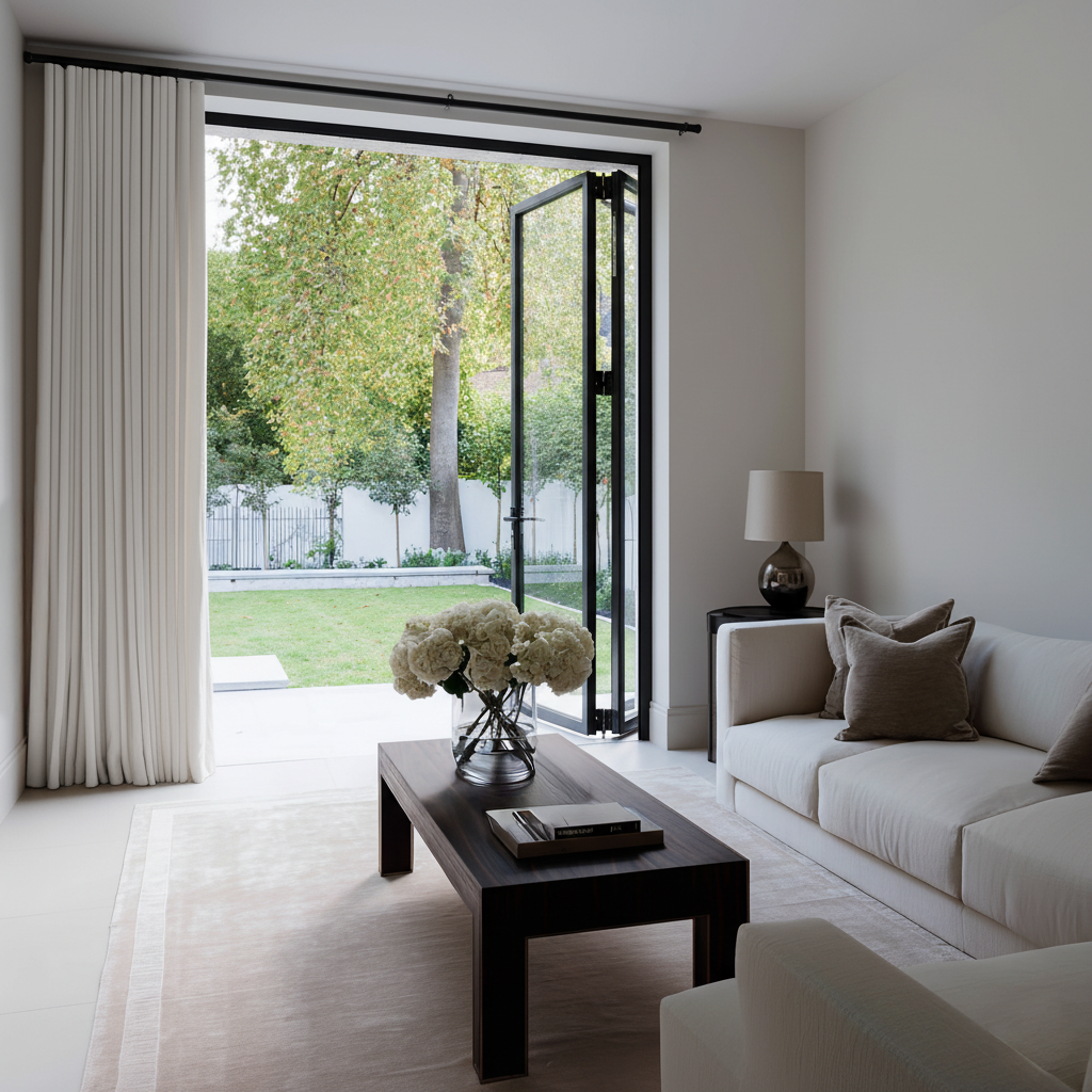 Off-White Linen S-Fold Thermal Curtains for Bifold Doors