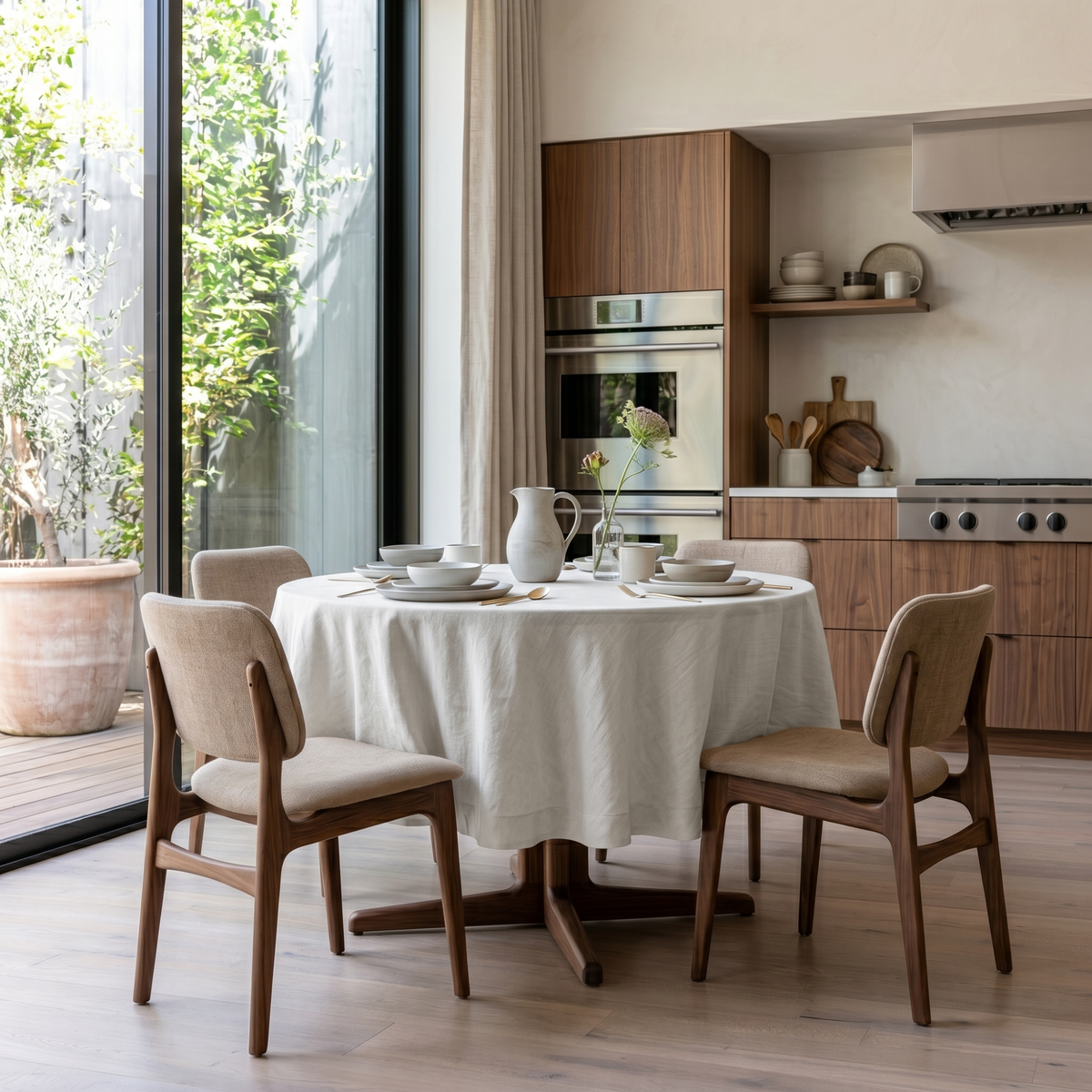 Off-White Heavy Weight Linen Round Tablecloth in a Warm Kitchen Dining Space with Soft Beige Walls and Walnut Wood