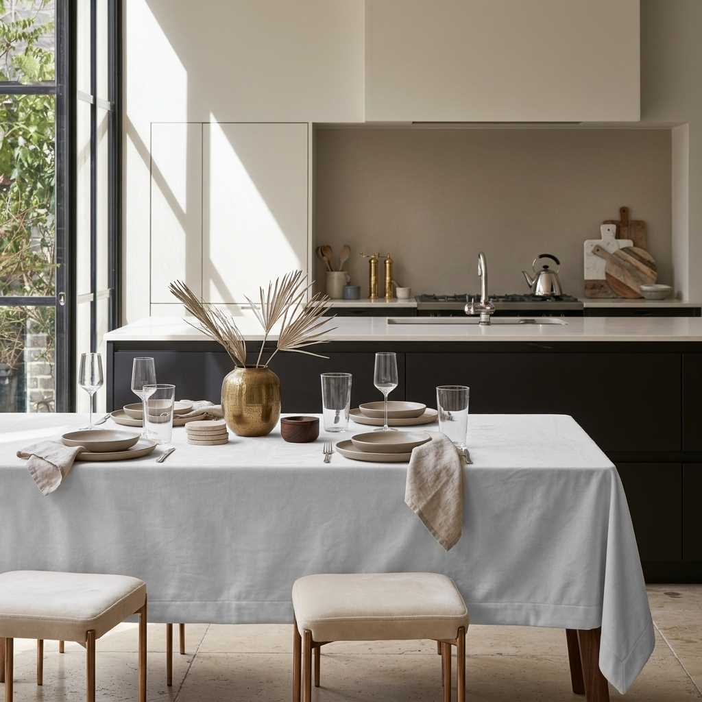 Off-White Rectangular Velvet Tablecloth in a Contemporary Kitchen with Black Cabinetry and Cream Upholstered Stools