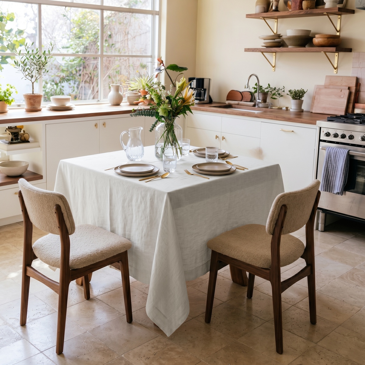 Off-White Square Heavy Weight Linen Tablecloth in a Modern Farmhouse Kitchen with Open Wood Shelves and White Cabinetry