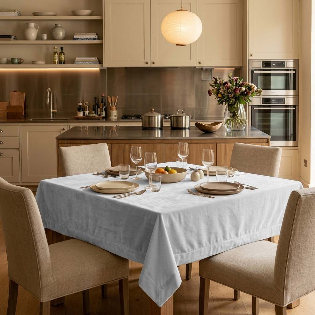 Off-White Square Velvet Tablecloth in a Transitional Kitchen with Shaker Cabinets and Wood Island