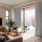 Off-White Velvet Back Tab Blackout Curtains for Bifold Doors in a Living Room with Beige Walls
@Heading: Back Tabs