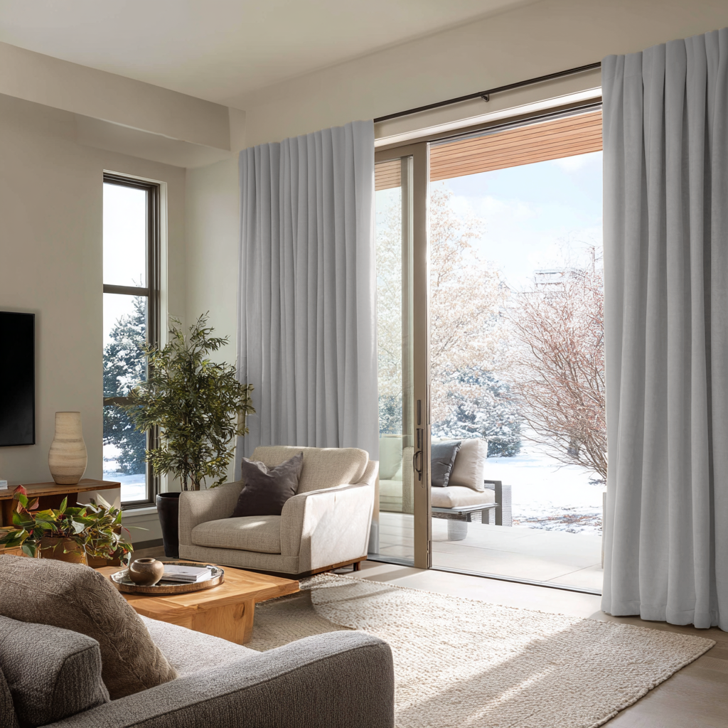Off-White Velvet Back Tab Blackout Curtains for Bifold Doors in a Living Room with Beige Walls
@Heading: Back Tabs