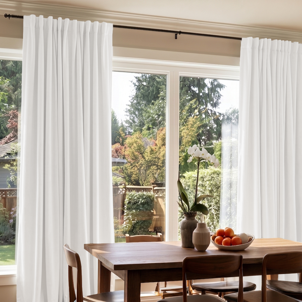 White pleated window curtains hanging on a black rod over a large multi-pane window, with a wooden dining table and chairs, vases, and oranges in the foreground. Trees and a backyard are visible outside.