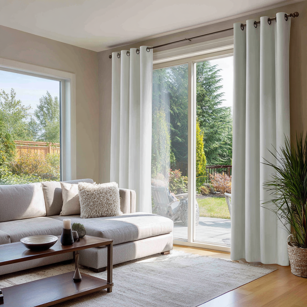 Off-White Velvet Eyelet Blackout Curtains for Bifold Doors in a Living Room with Beige Walls
@Heading: Eyelets