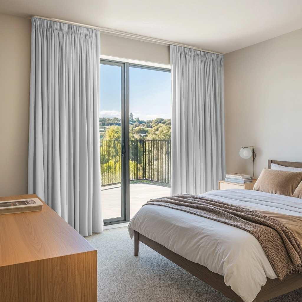 Off-White Velvet Pencil Pleat Blackout Curtains for Bifold Doors in a Bedroom with Beige Walls
@Heading: Pencil Pleat