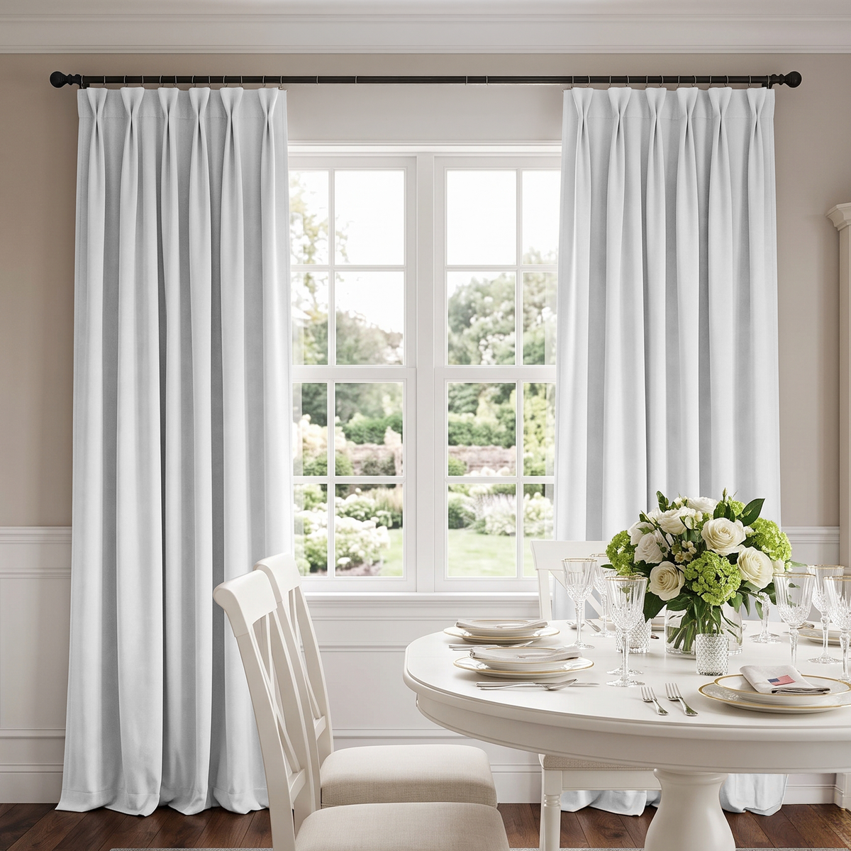 A pair of light gray pleated window curtains hanging on a black rod over a white multi-pane window, with a styled dining table and chairs in a bright room below.