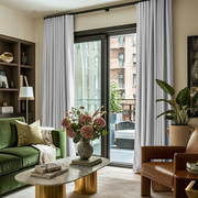 Off-White Velvet S-Fold Blackout Curtains for Bifold Doors in a Living Room with Cream Walls
@Heading: S-Fold